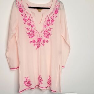 APRIL CORNELL WOMEN'S COTTON V NECK EMBROIDERED PINK TUNIC SIZE MEDIUM
